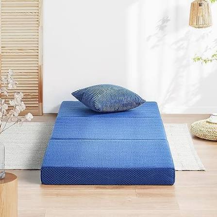 olee sleep tri-folding memory foam mattress topper, 4 inch gel folding mattress for camping, foldable guest bed, washable cover, certipur-us certified, soft, blue, single size