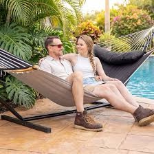 suncreat double portable hammock with stand, 2 person hammock with curved spreader bar, balance ropes included, dark gray