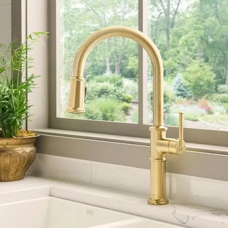delta nicoli brushed gold kitchen faucet with pull down sprayer, modern single hole kitchen sink faucet, single handle, champagne bronze 19867lf-cz