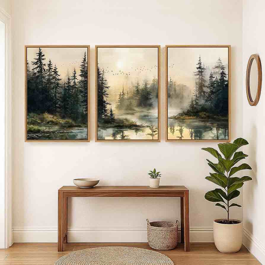 framed forest landscape wall art for living room, large 3 piece misty pine tree nature scenic artwork for walls, rustic woodland sunset canvas painting prints for office bedroom wall decor, 24x36 inch