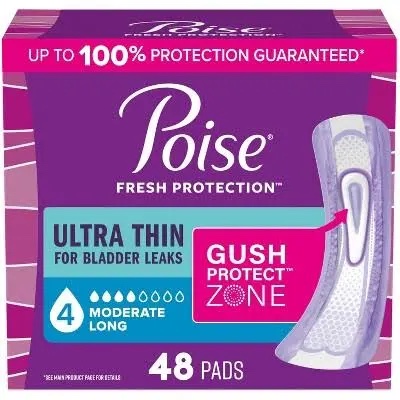 poise ultra thin incontinence/bladder control pads, moderate absorbency, long length, 144 (3 packs of 48) count
