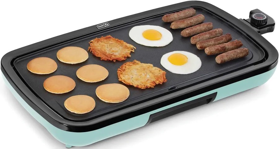 dash deluxe everyday electric griddle with dishwasher safe removable nonstick cooking plate for pancakes, burgers, eggs and more, includes drip tray + recipe book, 20” x 10.5”, 1500-watt - aqua