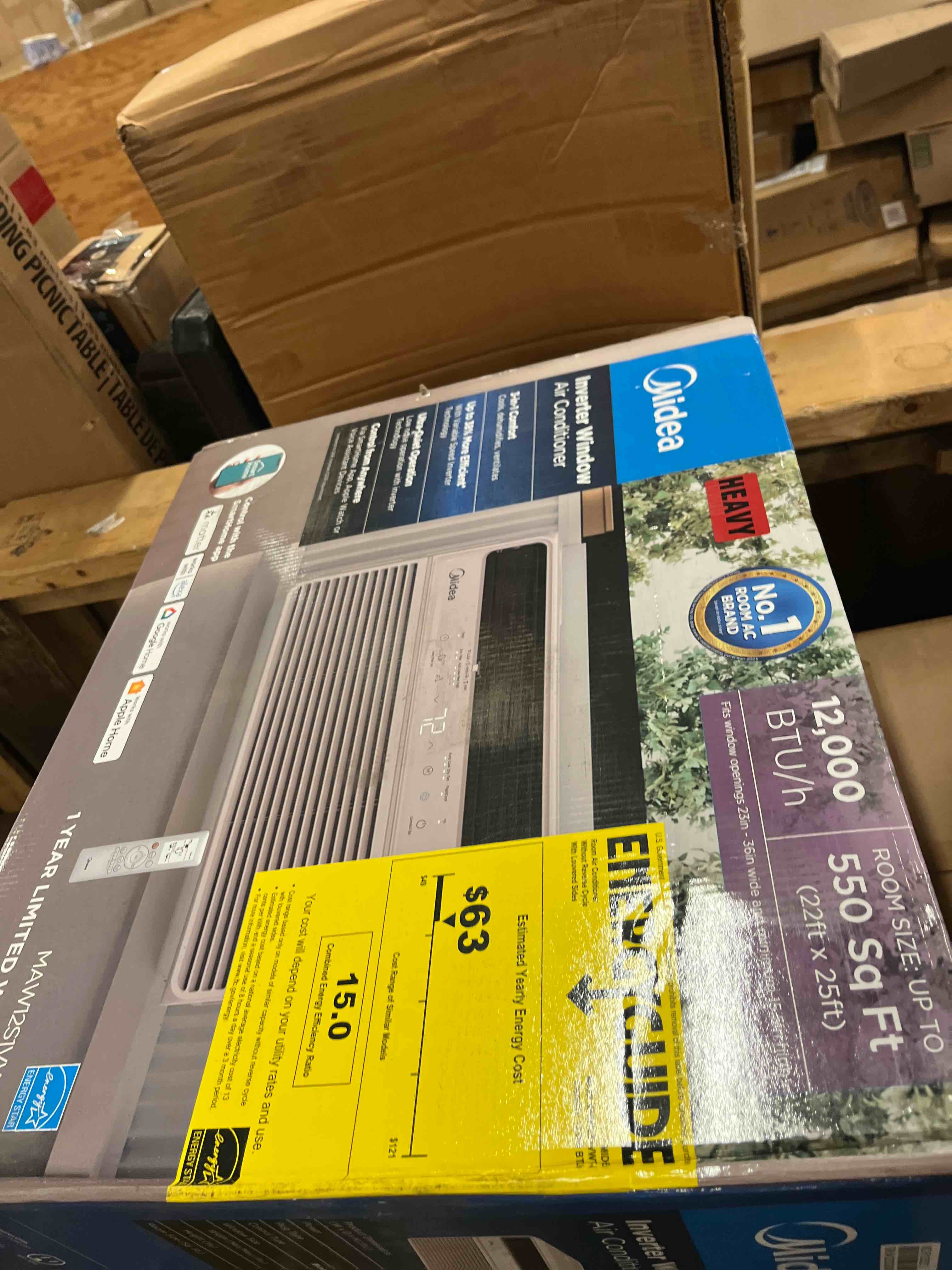 Condition photo showing New/Like New for 12,000 btu (doe) 115 volts window air conditioner cools 550sq. ft. with remote in white