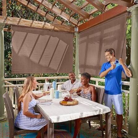 coolaroo outdoor roller shade with wand - 95% uv block breathable light filtering shade for patio or porch, fade-resistant, easy-clean fabric, 6ft x 8ft, walnut