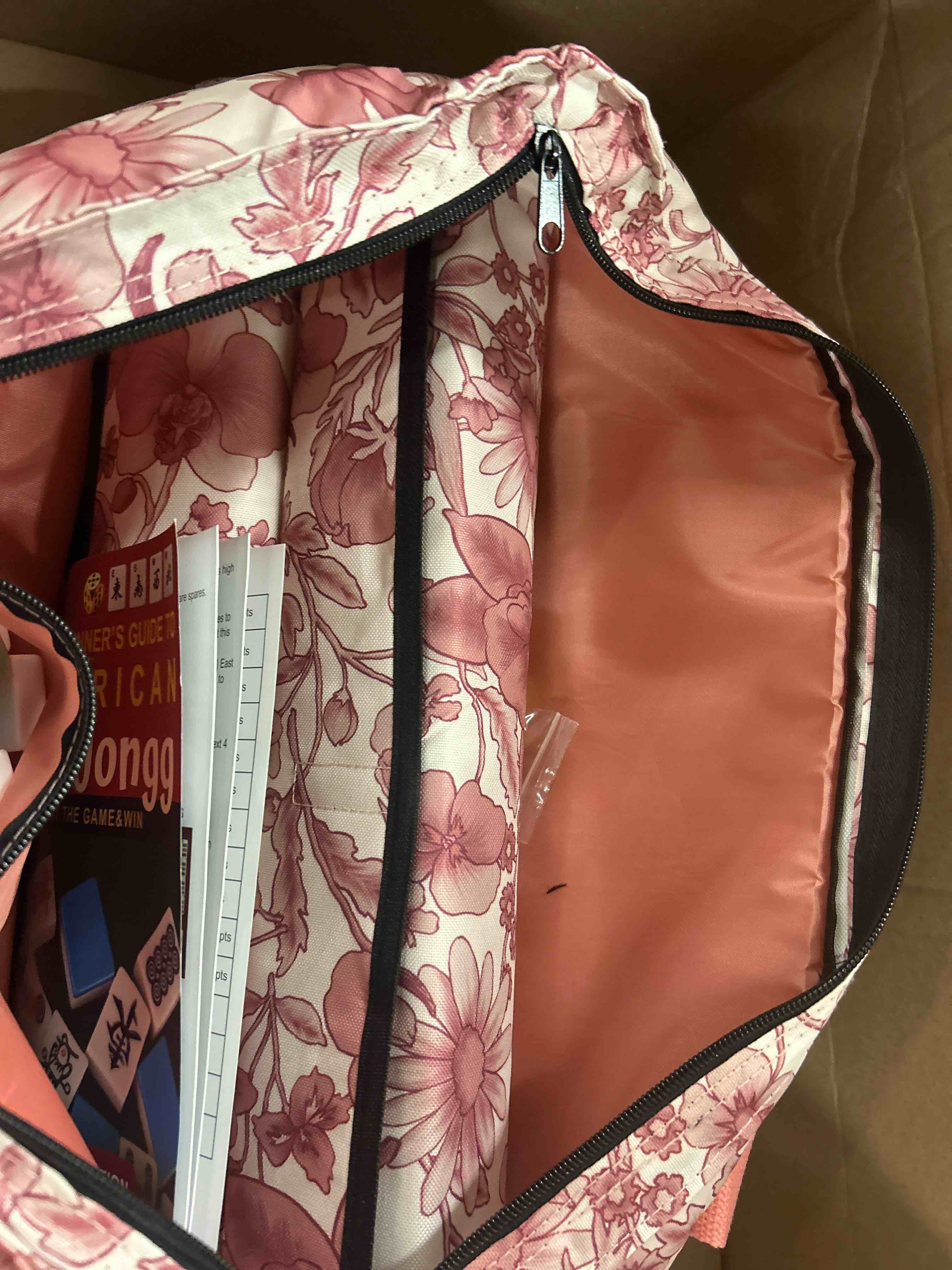 Condition photo showing New/Like New for american mahjong tile set, mah jong set complete with pink flower bag, 166 white tiles with golden dices for travel, 4 all-in-one mahjong racks with pushers (pink)