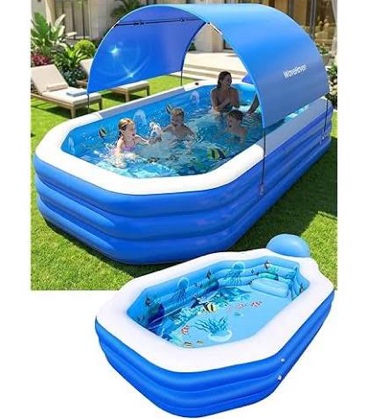 Condition photo showing New/Like New for inflatable swimming pool (118 x 69 x 22 inches) with canopy, with a wireless air pump, summer backyards, outdoors, gardens, family water party