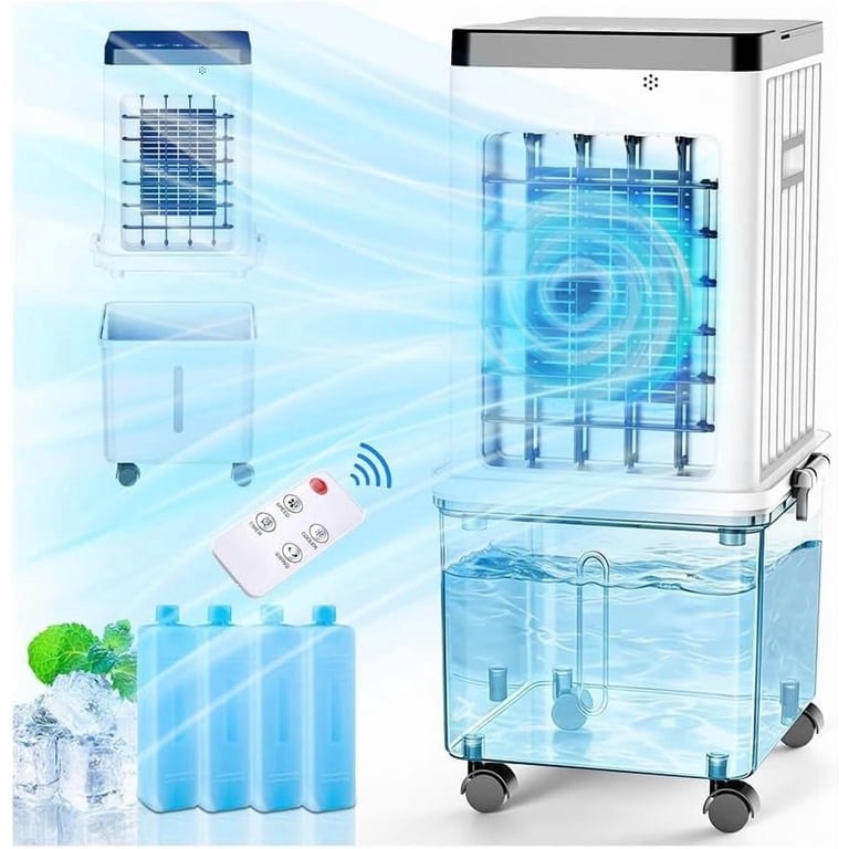 swamp cooler, 2026 new portable air conditioners, evaporative cooler with 4.0 gal detachable water tanks for 24h cooling, 120° oscillating, 4 ice boxes, 7h timer, portable ac for bedroom office pets