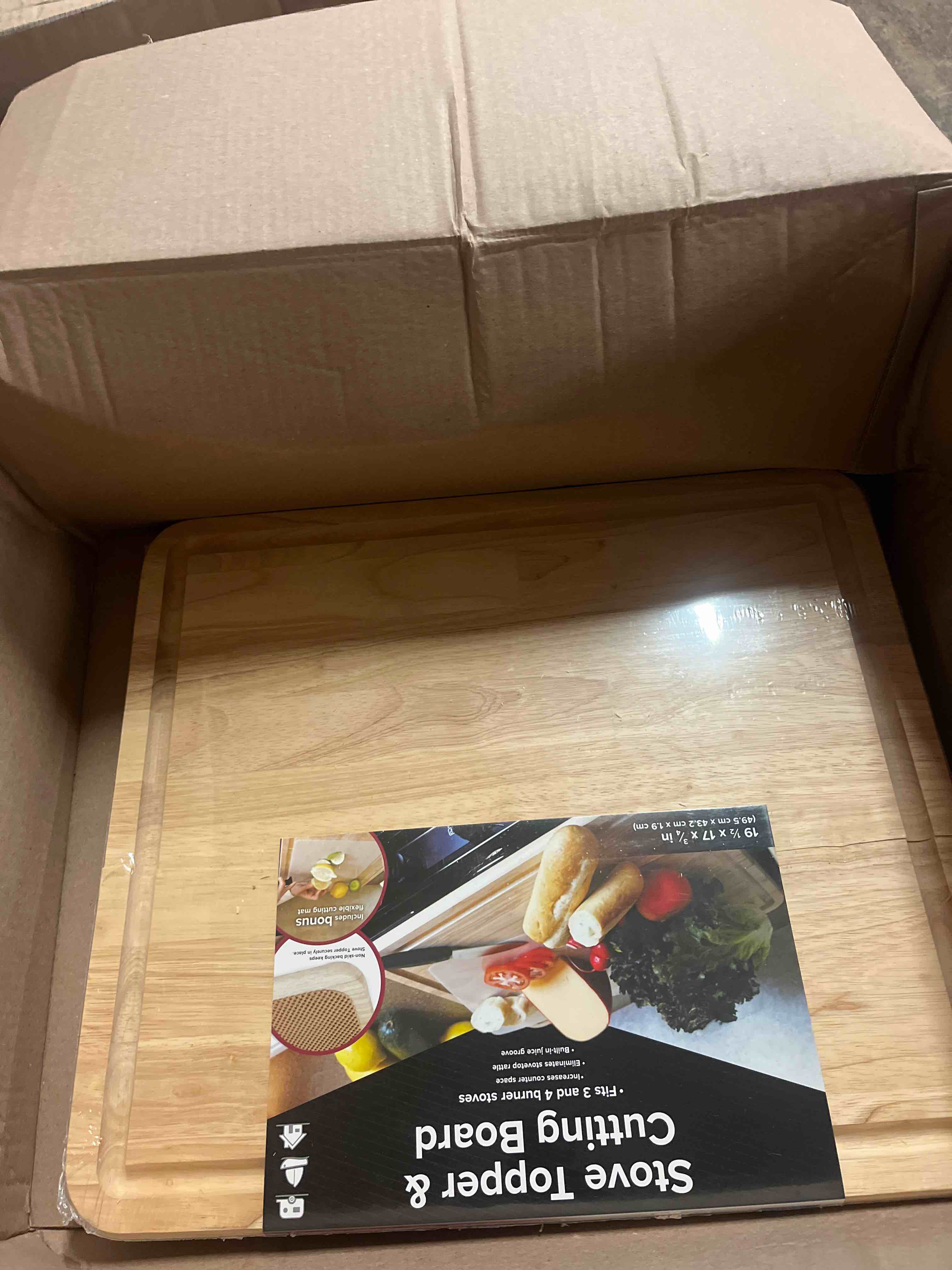 Condition photo showing New/Like New for camco - hardwood cutting board and stove topper with non-skid backing, includes flexible cutting mat (43753) | includes flexible cutting mat to protect wood finish, will not dull knives, eliminates rattles, 17 x 19-1/2 x 3/4 in