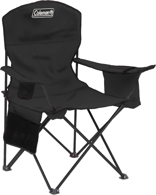 coleman portable camping chair with 4-can cooler, cushioned seat & back with side pockets & cup holder, carry bag included, great for camping, tailgating, firepits, patio, & more