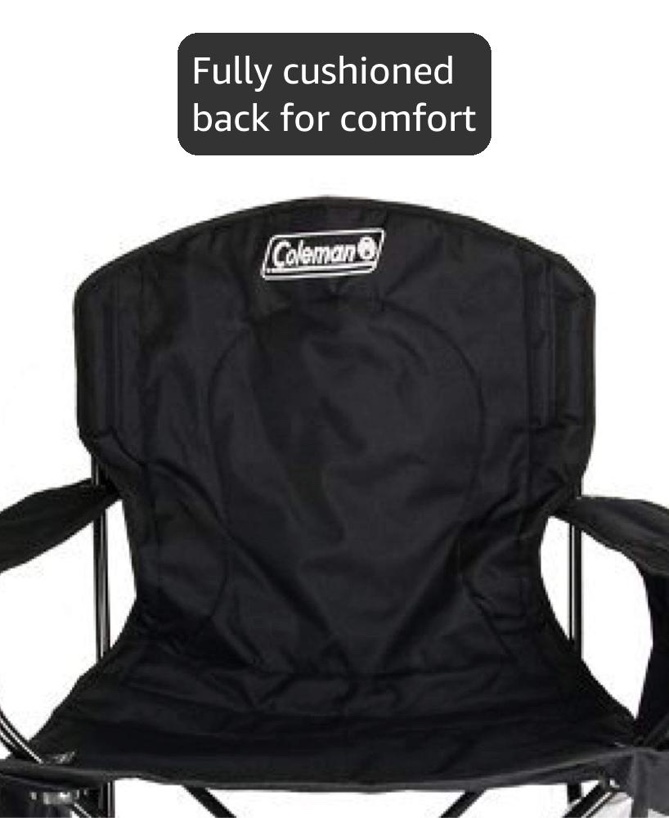 Condition photo showing New/Like New for coleman portable camping chair with 4-can cooler, cushioned seat & back with side pockets & cup holder, carry bag included, great for camping, tailgating, firepits, patio, & more