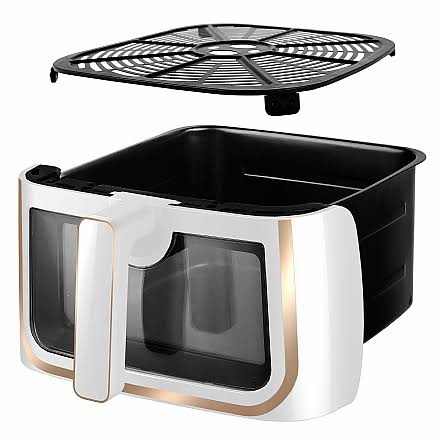 gourmia 8 qt air fryer, 8 presets with digital display, fryforce 360° technology, easy view window & interior light, dishwasher safe basket, white