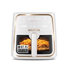 Condition photo showing New/Like New for gourmia 8 qt air fryer, 8 presets with digital display, fryforce 360° technology, easy view window & interior light, dishwasher safe basket, white