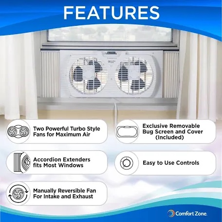 Condition photo showing New/Like New for comfort zone twin window fan with reversible airflow control, 9 inch, auto-locking expanders, 2 speed fan, dual fan, exhaust, airflow 9.84 ft/sec, ideal for home, kitchen, bedroom & office, cz319wt