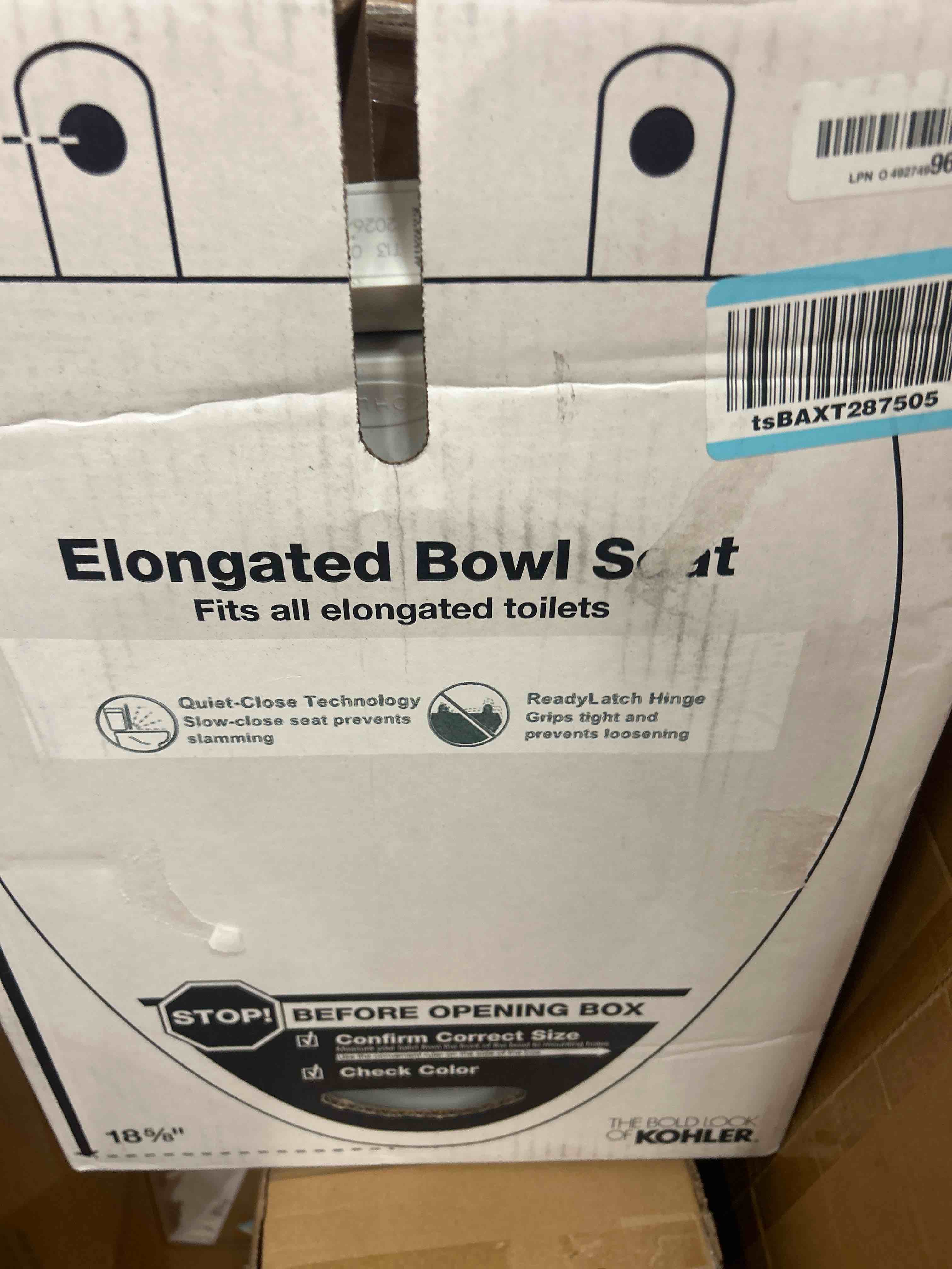 Condition photo showing New/Like New for kohler 4636-rl-0 cachet readylatch elongated toilet seat slow close, soft close toilet seat quiet lid, contoured grip-tight bumpers installation hardware, apartment essentials, white
