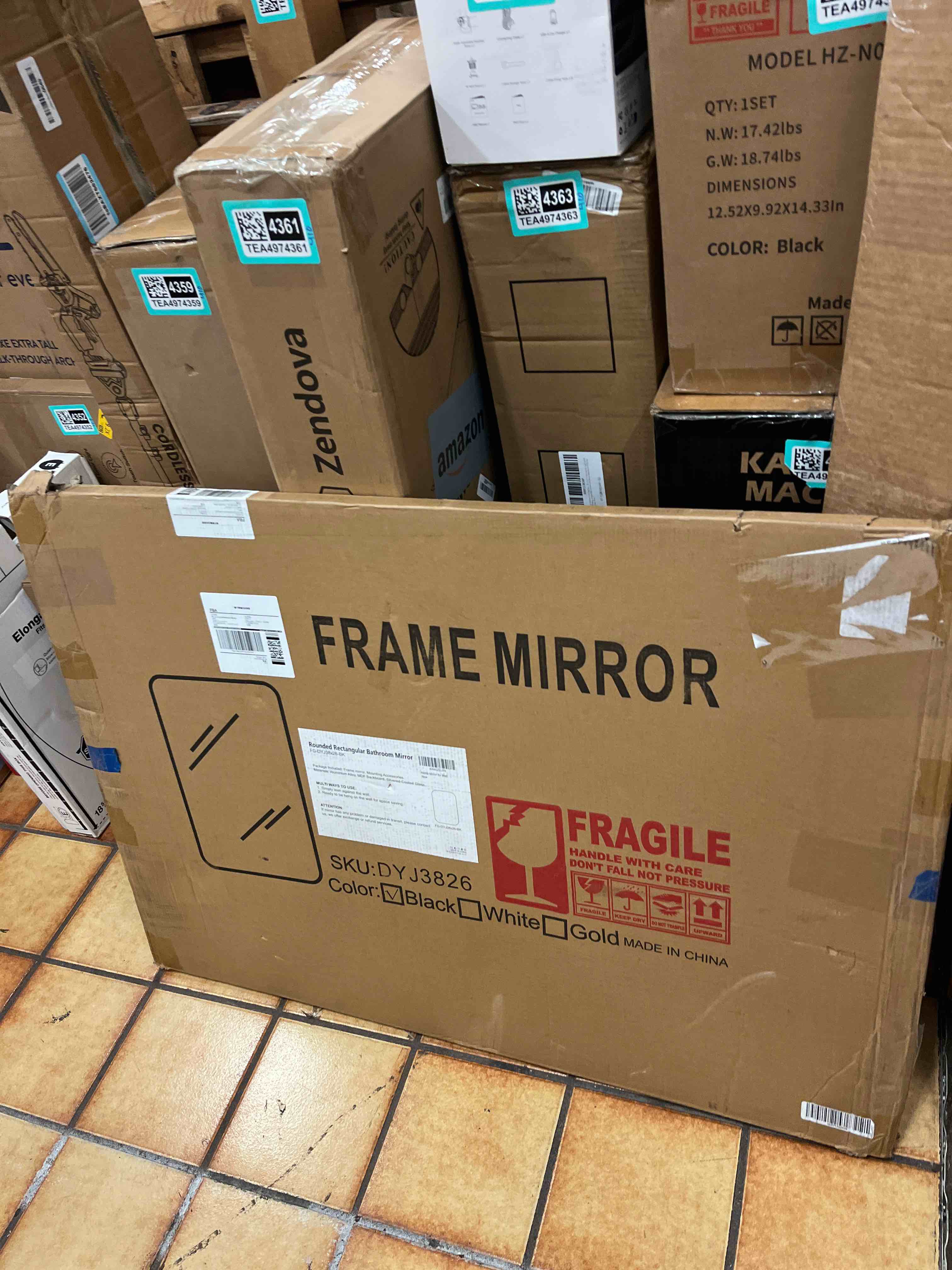 Condition photo showing New/Like New for 26" x 38" bathroom vanity mirror for wall, black | metal framed, hd tempered glass, rounded rectangle shape, for over sink, bedroom, entryway, living room, vertical/horizontal