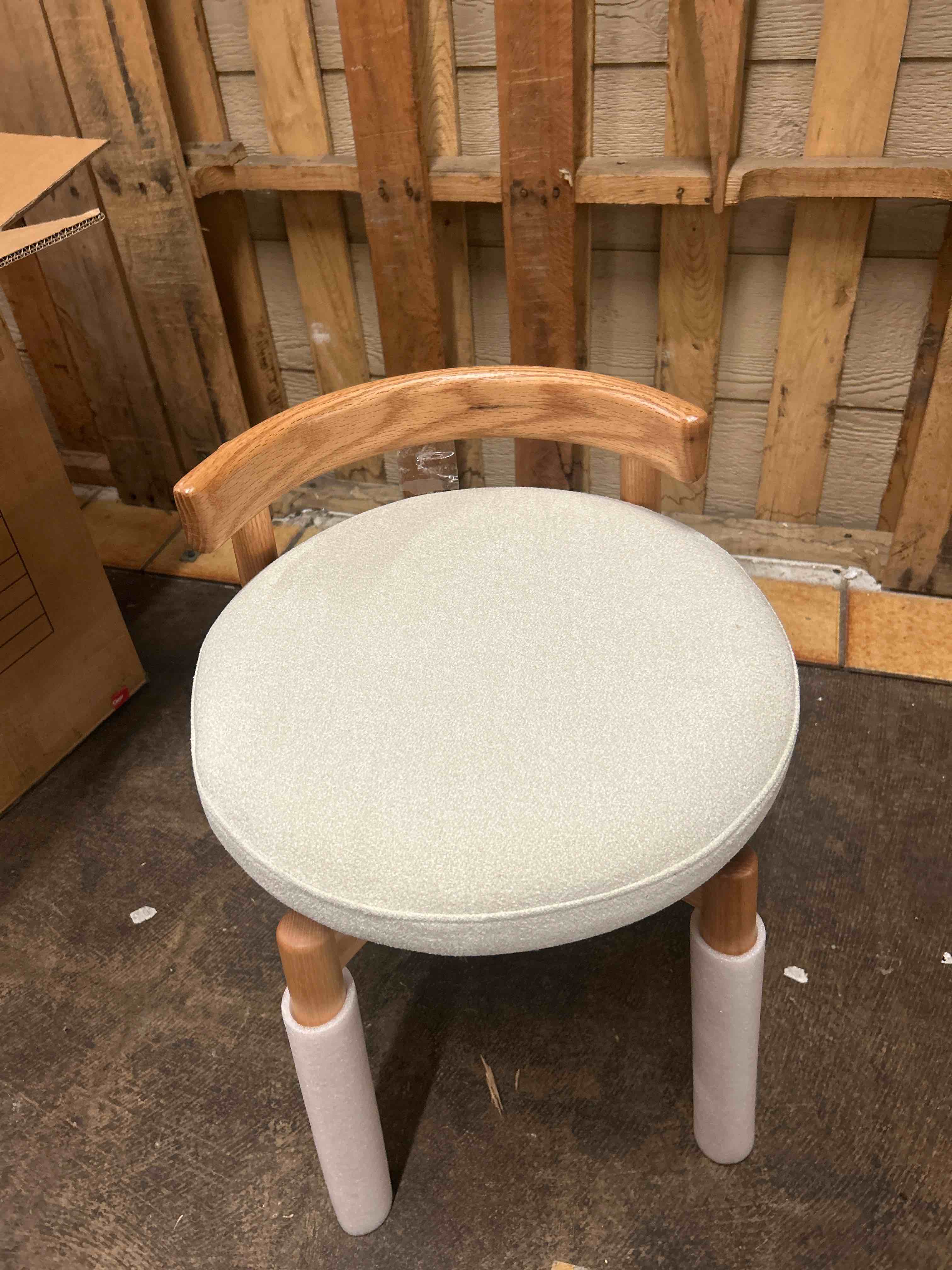 Condition photo showing New/Like New for oak wood vanity stool, 360 swivel chair for makeup room, fully assembled makeup chair, vanity bench for bathroom & living room, natural wood