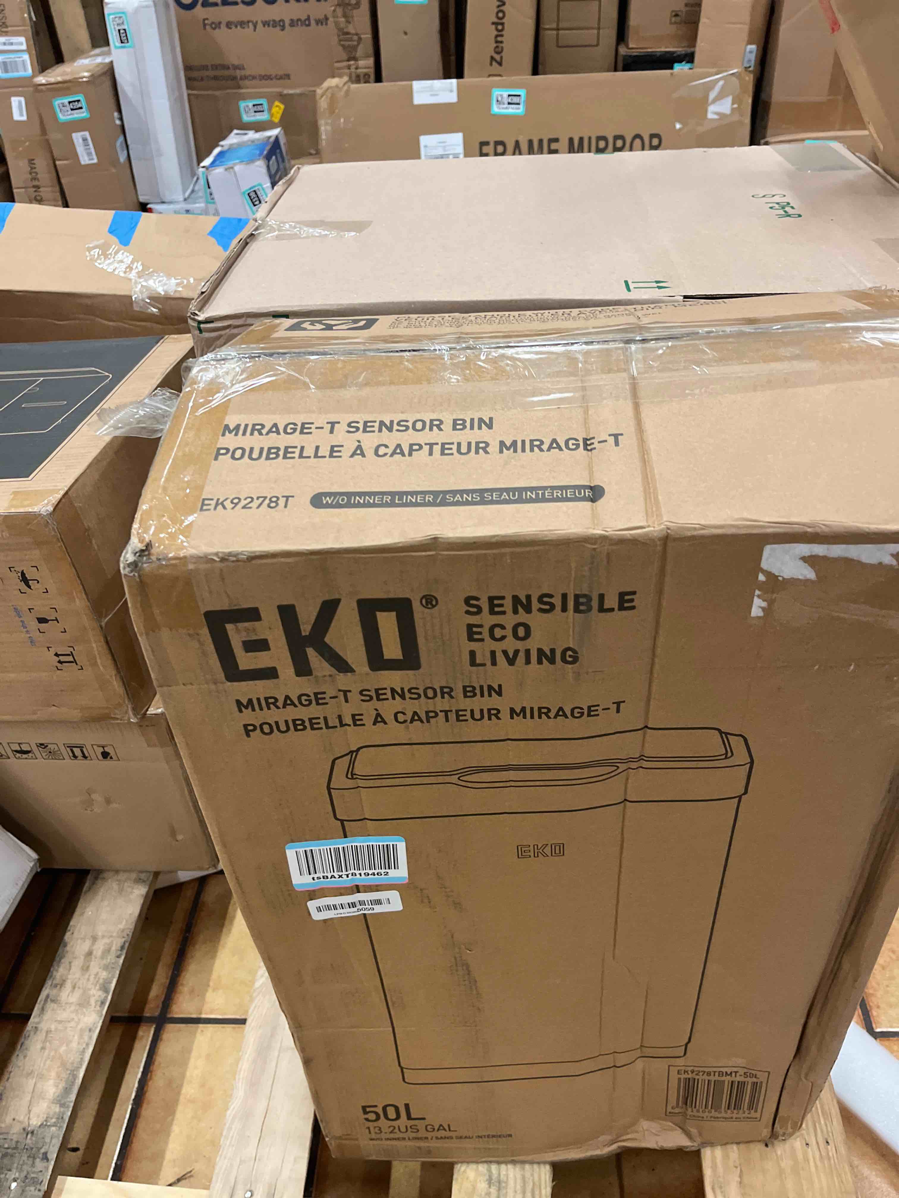 Condition photo showing New/Like New for eko mirage-t 50 liter / 13.2 gallon touchless rectangular motion sensor trash can or recycling bin, brushed stainless steel finish