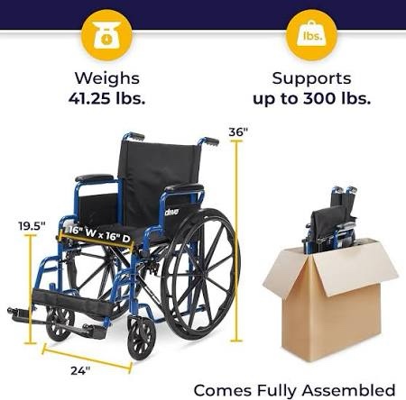 Condition photo showing New/Like New for drive medical blue streak lightweight wheelchair - portable folding mobility aid - swing-away footrests - desk arms - durable steel frame - easy transport & storage - 18-inch seat