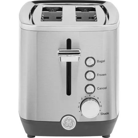 ge 2 slice stainless steel toaster, extra wide slots for toasting bagels, breads, waffles & more, 7 adjustable shade settings, removable crumb tray, countertop kitchen essentials, 850 watts