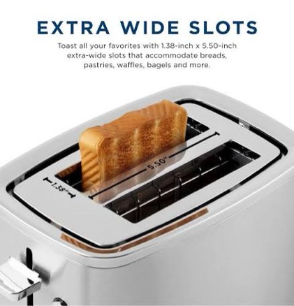Condition photo showing New/Like New for ge 2 slice stainless steel toaster, extra wide slots for toasting bagels, breads, waffles & more, 7 adjustable shade settings, removable crumb tray, countertop kitchen essentials, 850 watts