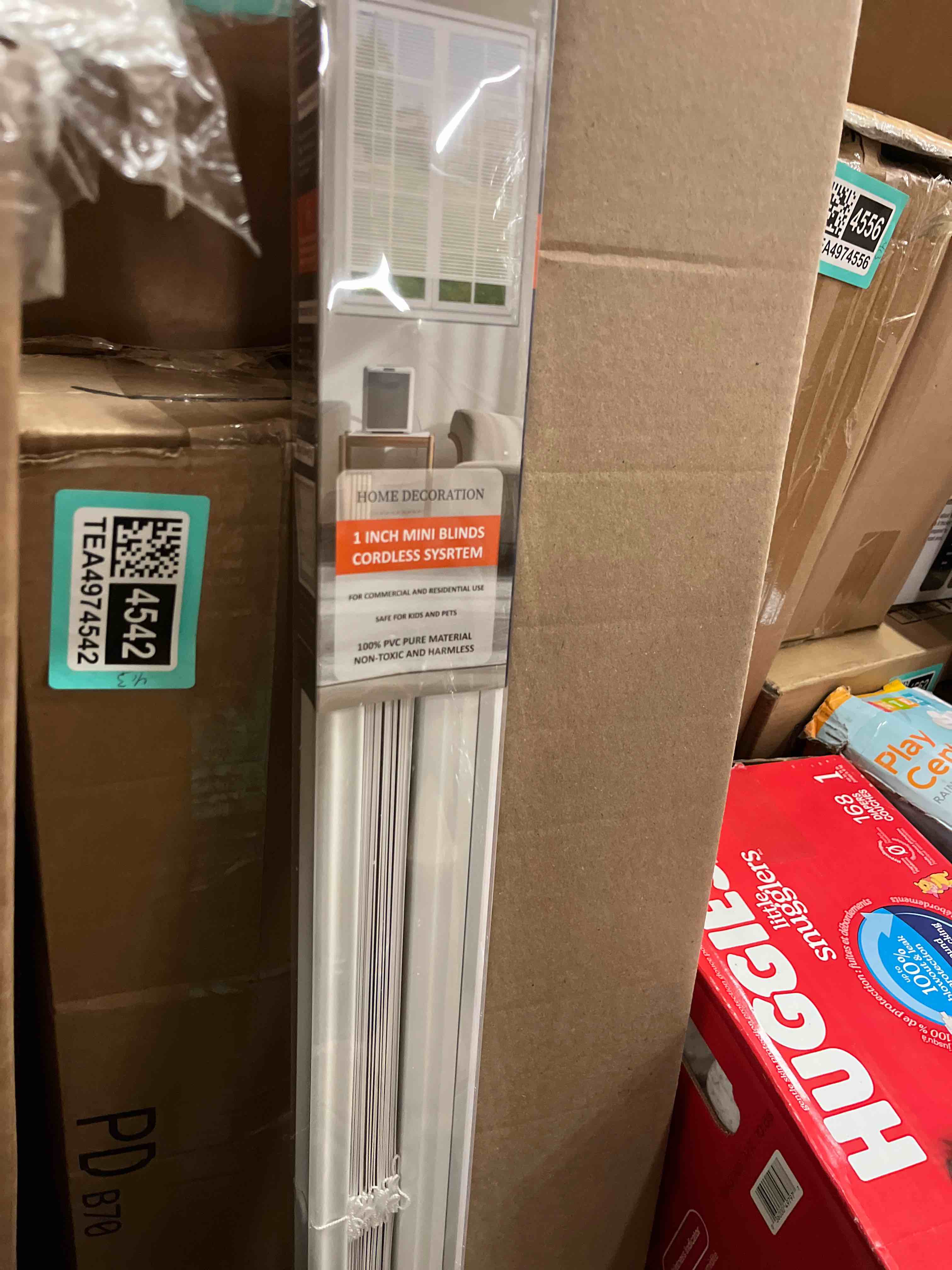 Condition photo showing New/Like New for cordless light filtering mini blind, 27 x 64 in, pearl white | cordless lift and light-filtering control: slat-based blind construction with adjustable light control.
