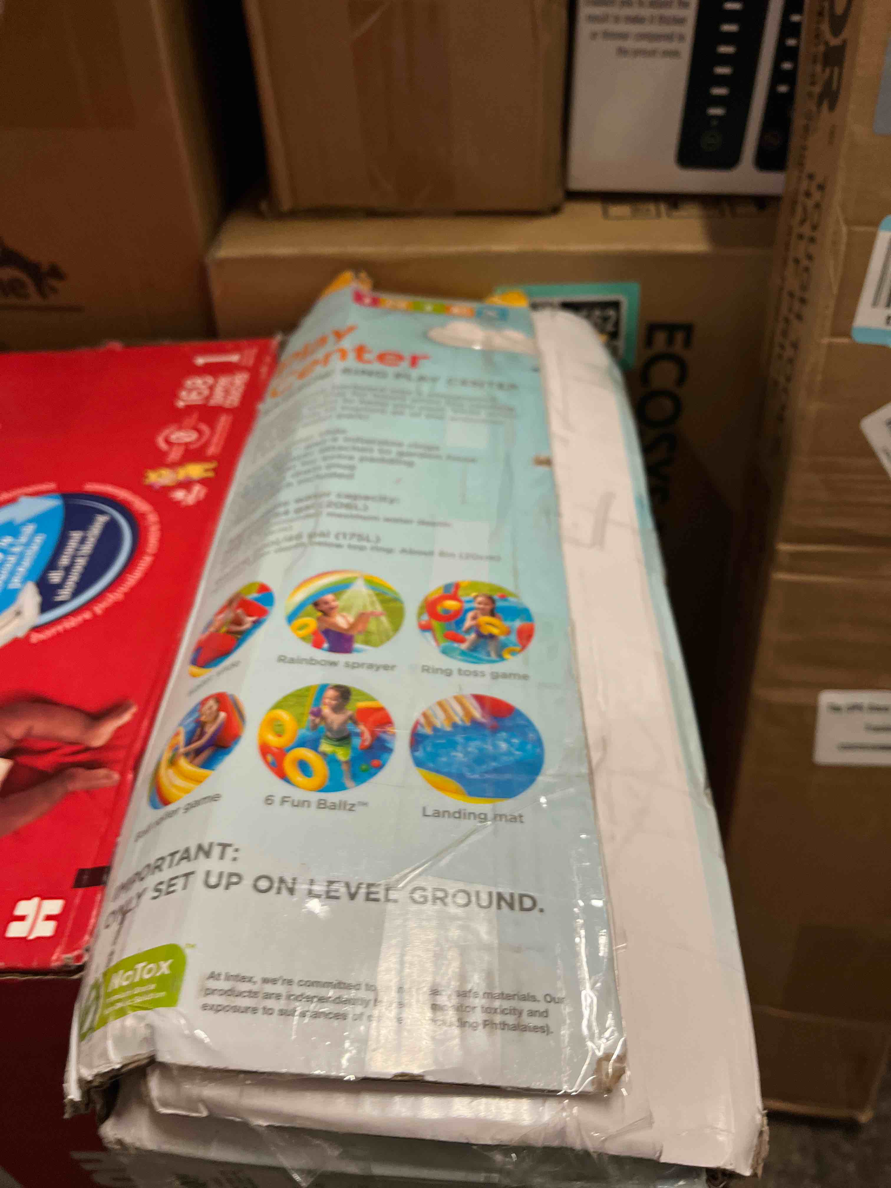 Condition photo showing New/Like New for intex 57453ep 9.75 foot x 6.3 foot x 53 inch multicolor rainbow slide kids inflatable pool with water slide and ring toss for children ages 2 and up