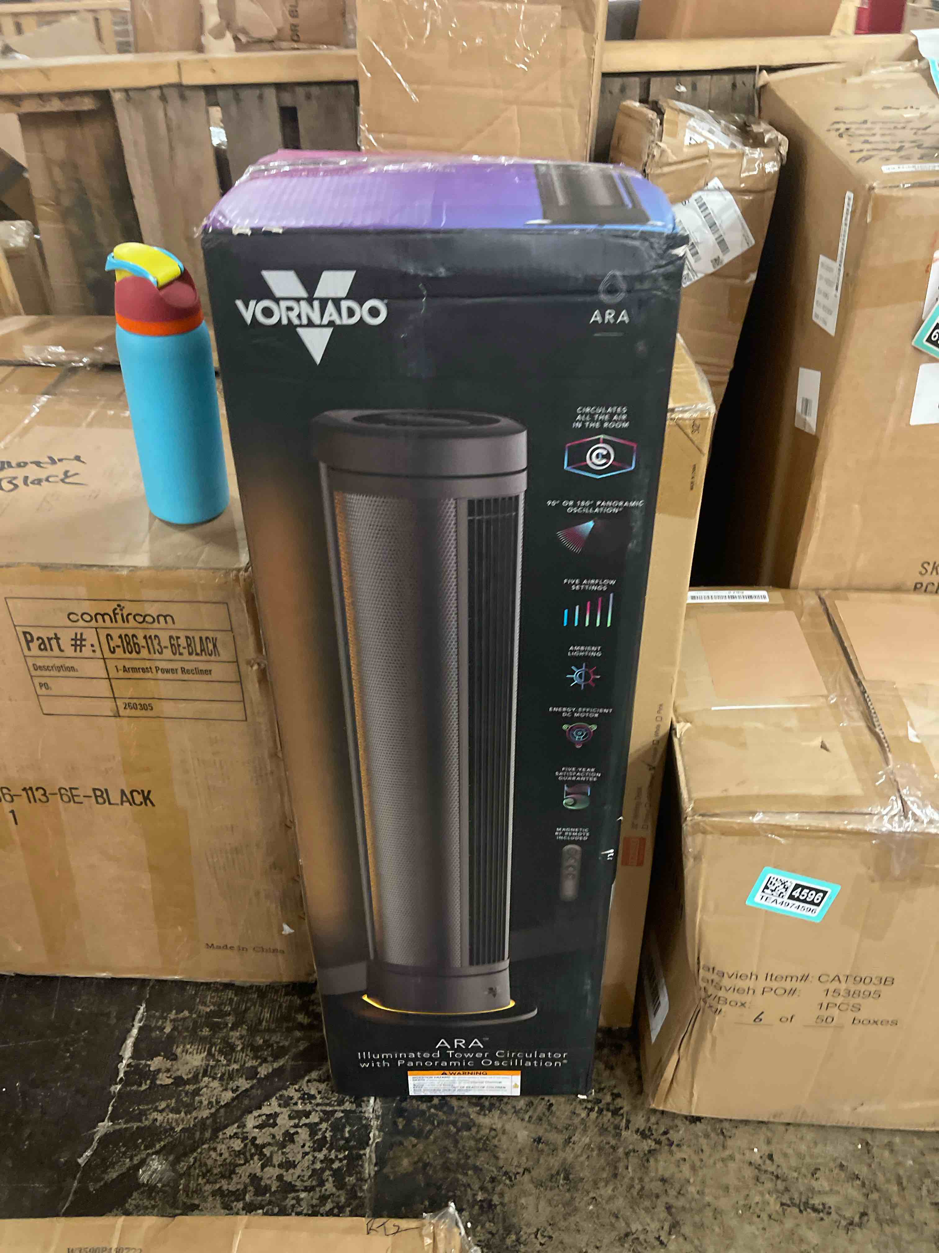 Condition photo showing New/Like New for vornado ara® oscillating tower fan with ambient light and remote, 40 inch, quiet powerful standing fan, 5 speeds, touch control, illuminated air circulator fan for bedroom and home, black