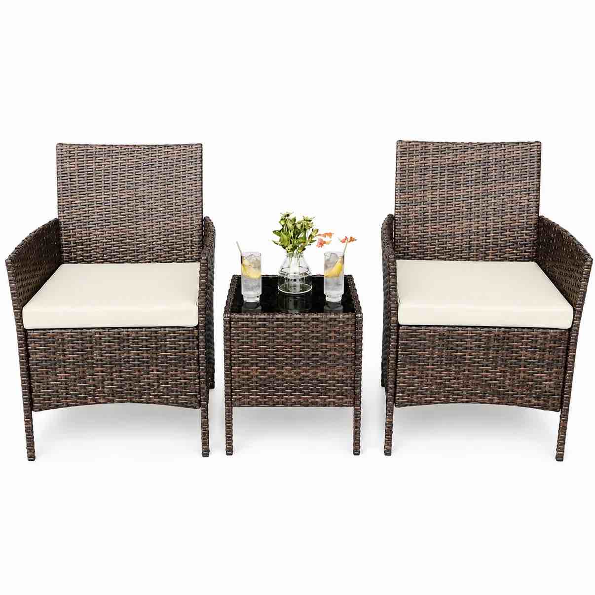 Condition photo showing New/Like New for garvee 3-piece pe rattan patio bistro set with 2 cushioned chairs and tempered glass table, brown/beige