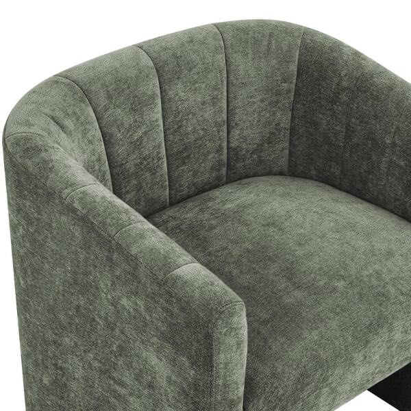 Condition photo showing New/Like New for grayish green chenille upholstered accent chair open-design hollow base armchair with multifunctional ottoman