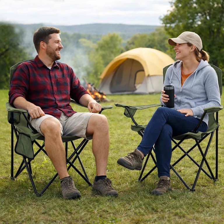 Condition photo showing New/Like New for folding camping chair with cup holder and side storage bag 300 lbs capacity lightweight high back portable green 1 pack