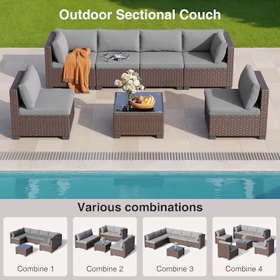 Condition photo showing Good Condition for lofka modular loveseat & table in wicker patio conversation set all weather outdoor furniture set with waterproof cushions modular rattan- gray