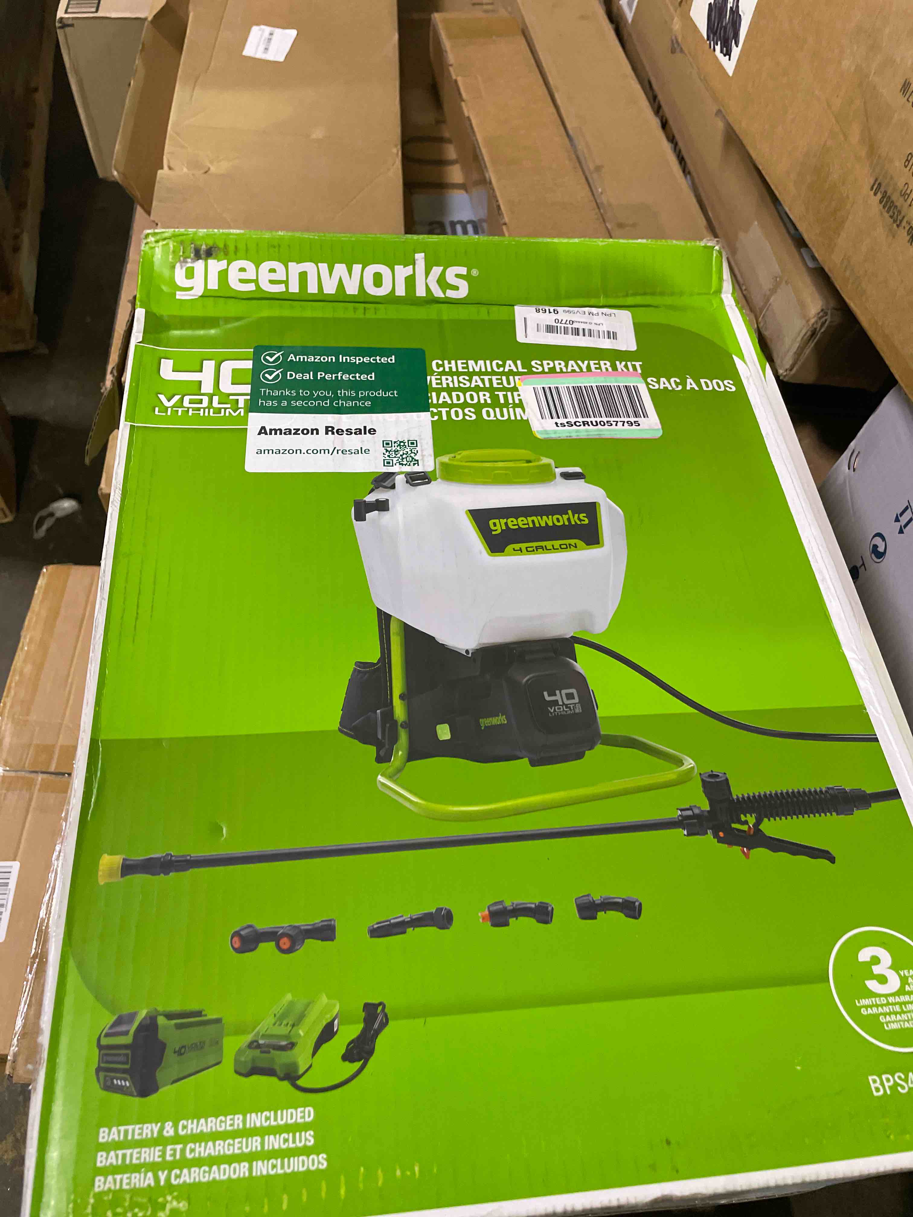 Condition photo showing New/Like New for greenworks 40v cordless backpack sprayer (4 gallon / 5 tips / 25 ft spray) for weeding, spraying, and cleaning, tool only 40v sprayer, tool only