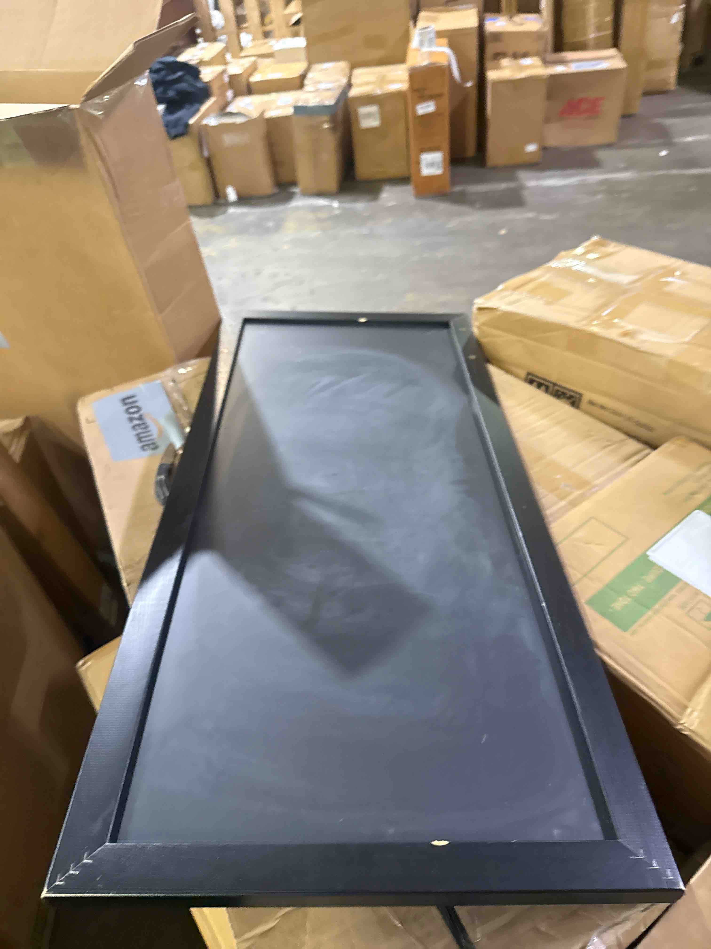 Condition photo showing Good Condition for 12x24 shadow box frame black wood | with a 3/4" usable display depth | includes a black real suede texture acid-free backing board, uv resistant acrylic, and hanging hardware