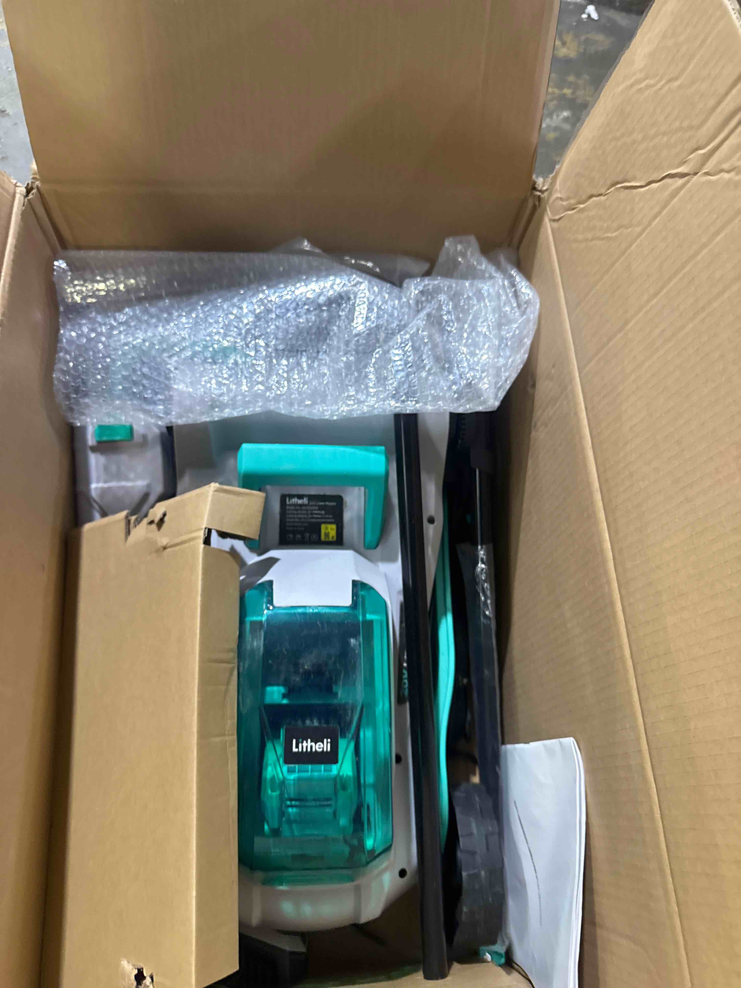 Condition photo showing As Is for litheli 20v 13" cordless lawn mower, electric lawn mowers for garden, yard and farm, 5 heights, with brushless motor, 4.0ah battery & charger included green brushless 13 inch (used)