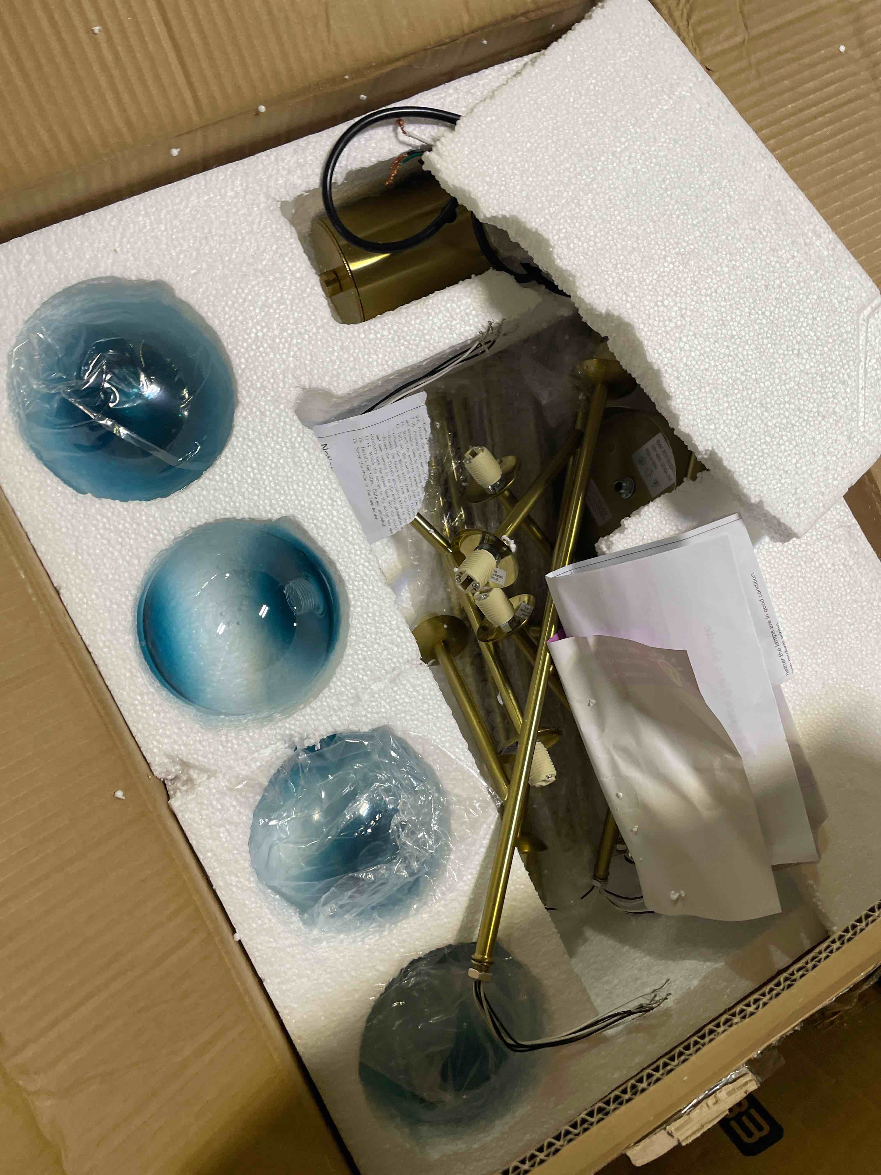 Condition photo showing Good Condition for modern 8-light blue chandelier,33" gold metal & blue glass bubble chandelier flush mount ceiling light fixture for living room dining room bedroom(blue, 8 light chandelier)