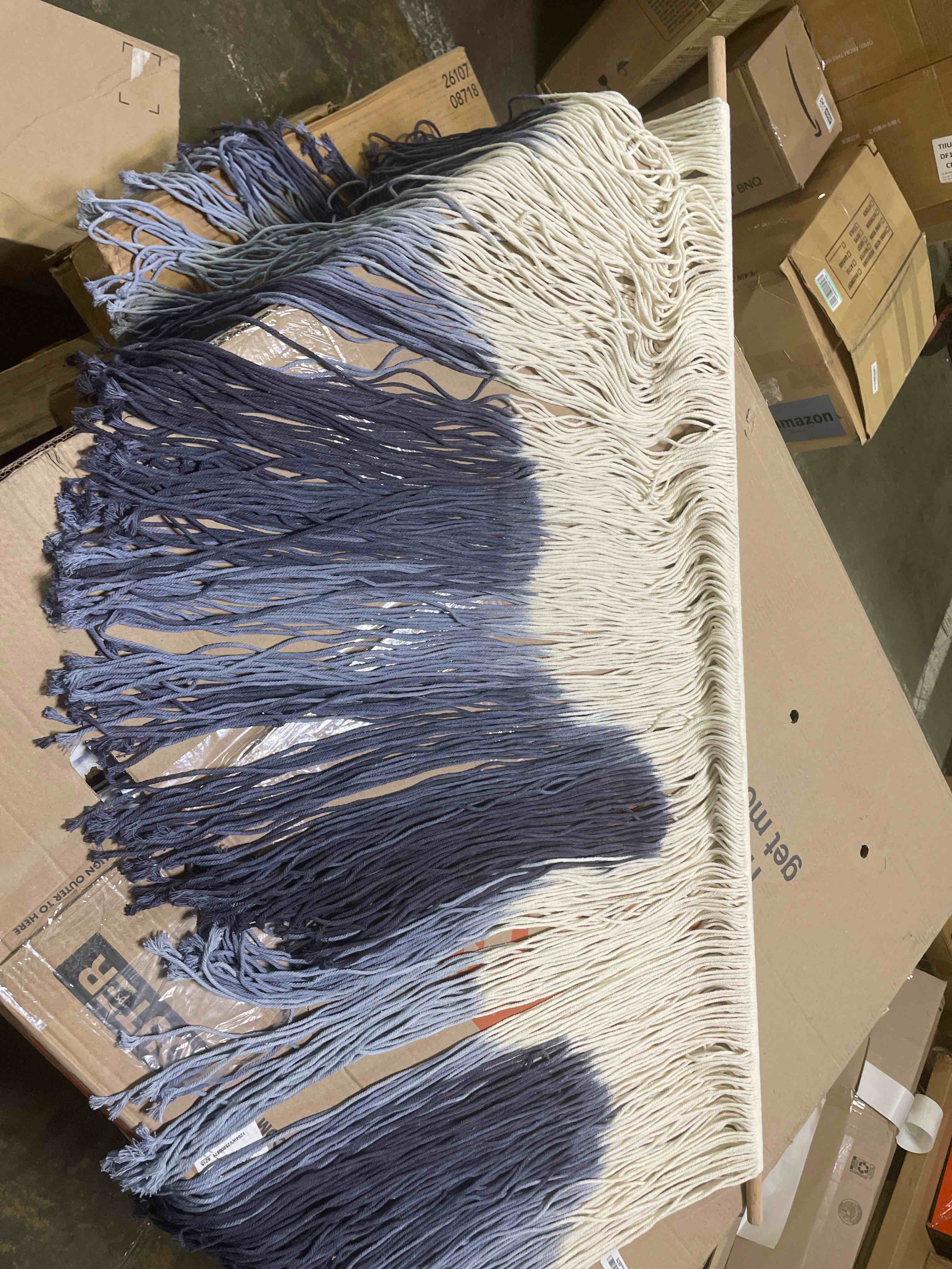 Condition photo showing New/Like New for iower macrame wall hanging large blue dip dyed fiber art tapestry, handmade boho wall decor for living room bedroom, macrame wall art 57" w x 39" l