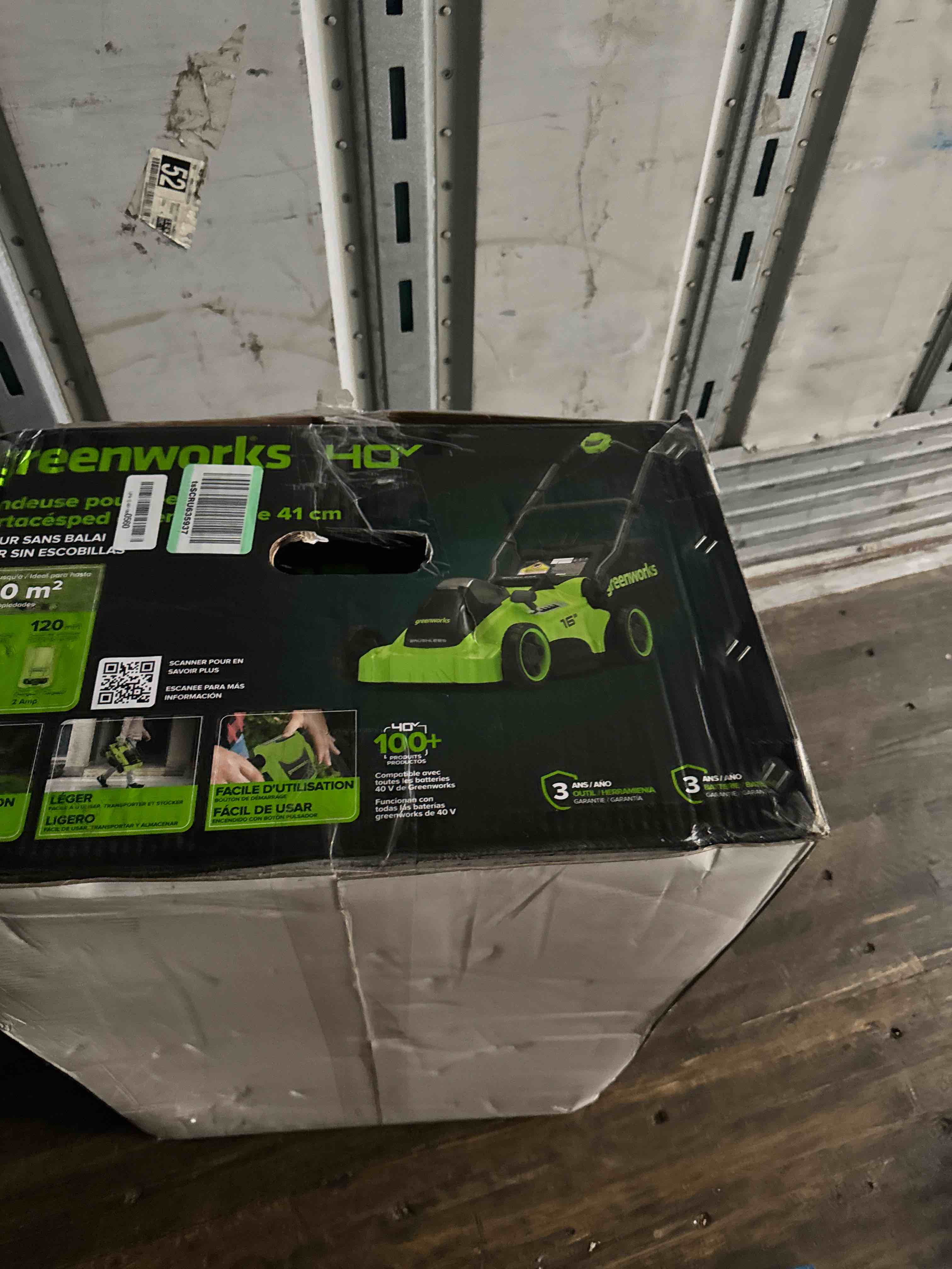 Condition photo showing As Is for greenworks 40v 16" (push) cordless lawn mower, 4.0ah battery (1/3 acre, push button start, compatible with 75+ tools)