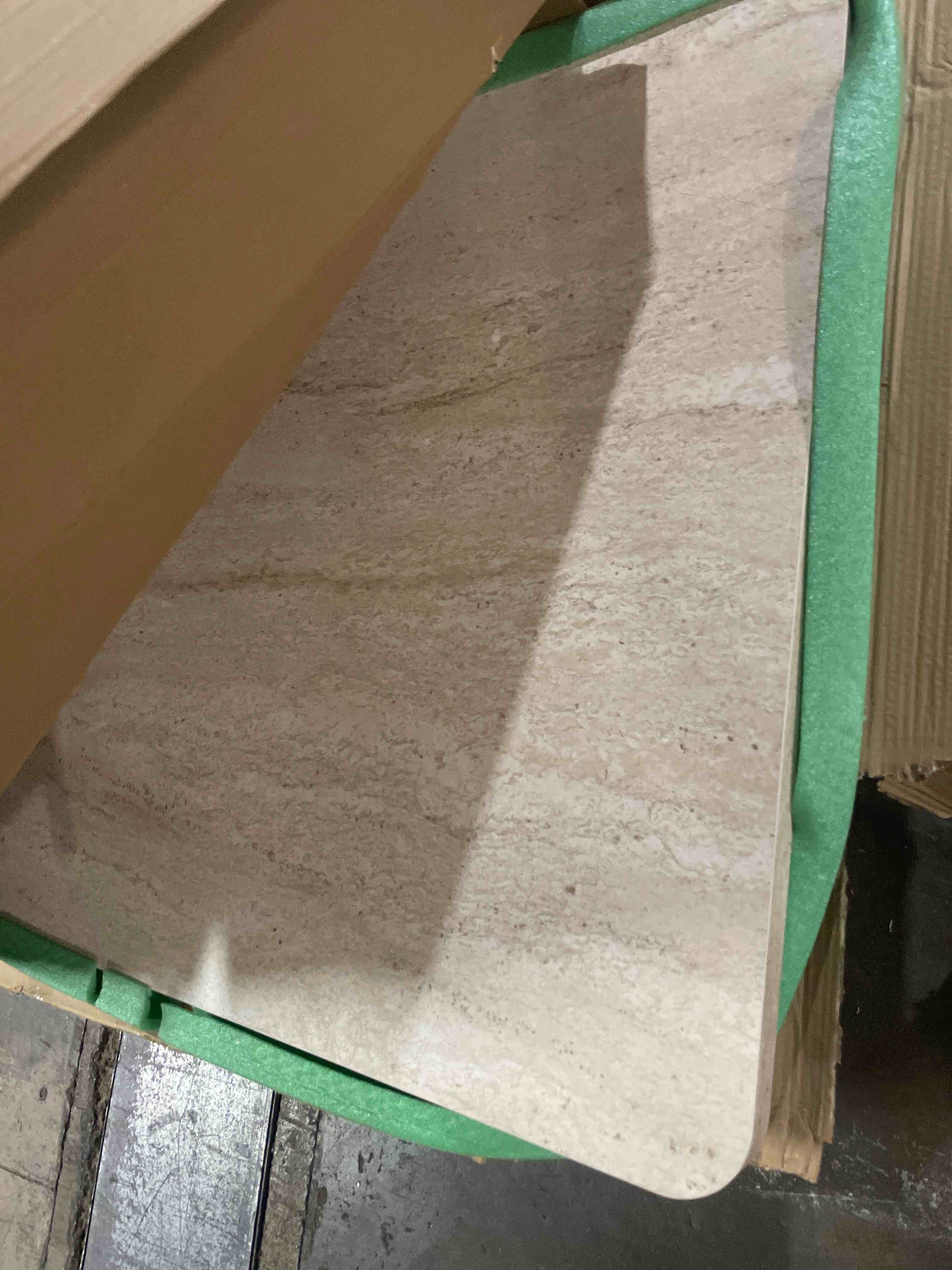 Condition photo showing As Is for rectangular travertine dining table with rectangular pedestal base(top only)