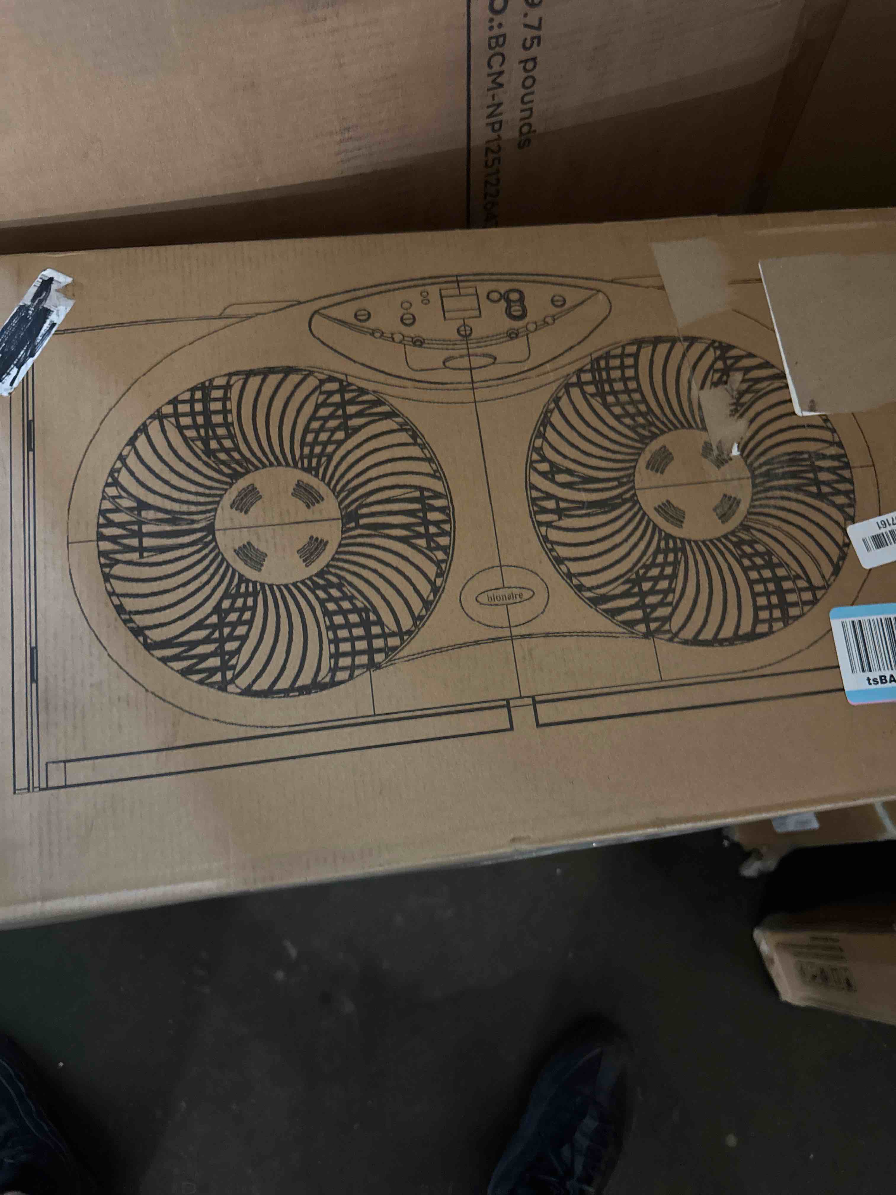 Condition photo showing New/Like New for bionaire window fan with reversible airflow blades – 3-speed settings, programmable thermostat, led display, remote control, fits 24–36" windows, no assembly required white 2 blades electronic control with lcd screen window fan( similar)