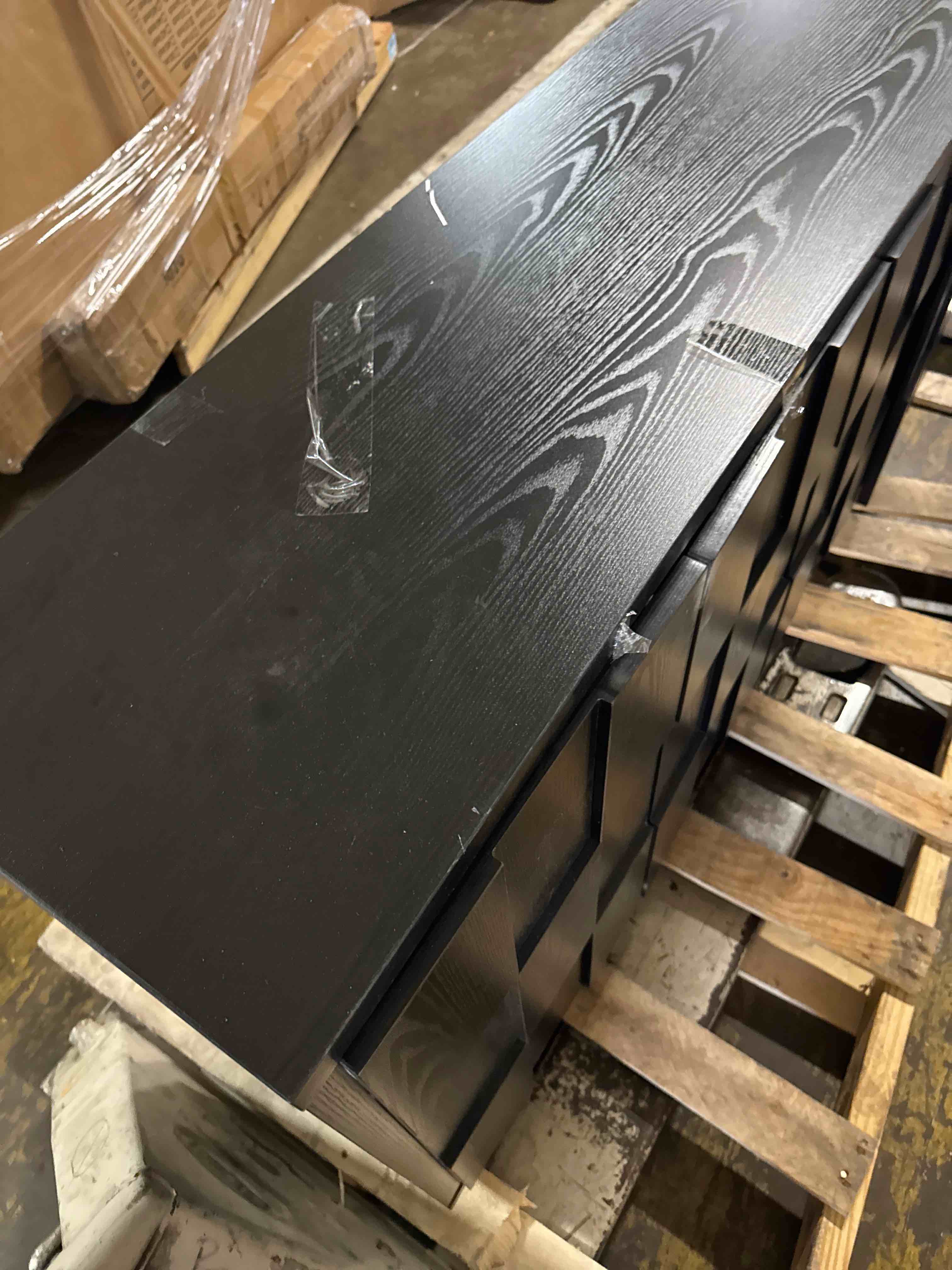 Condition photo showing As Is for onbrill 60" sideboard buffet cabinet with storage, irregular panel design credenza mid century farmhouse coffee bar cabinet with 4 doors & adjustable shelves for living room, hallway (black)