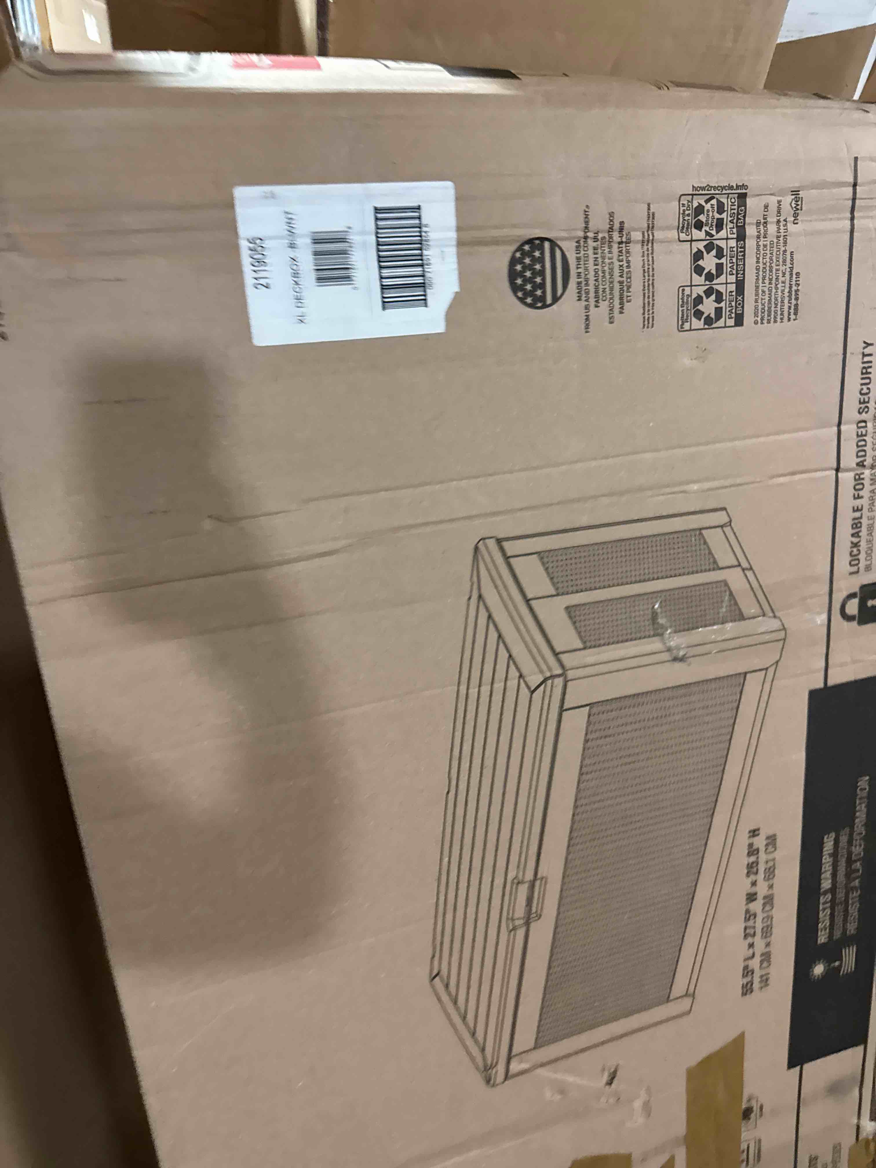 Condition photo showing New/Like New for rubbermaid extra large resin outdoor storage deck box (134 gal), weather resistant, brown, deck organization for home/backyard/pool chemicals/toys/garden tools/porch/patio cushions extra large brown