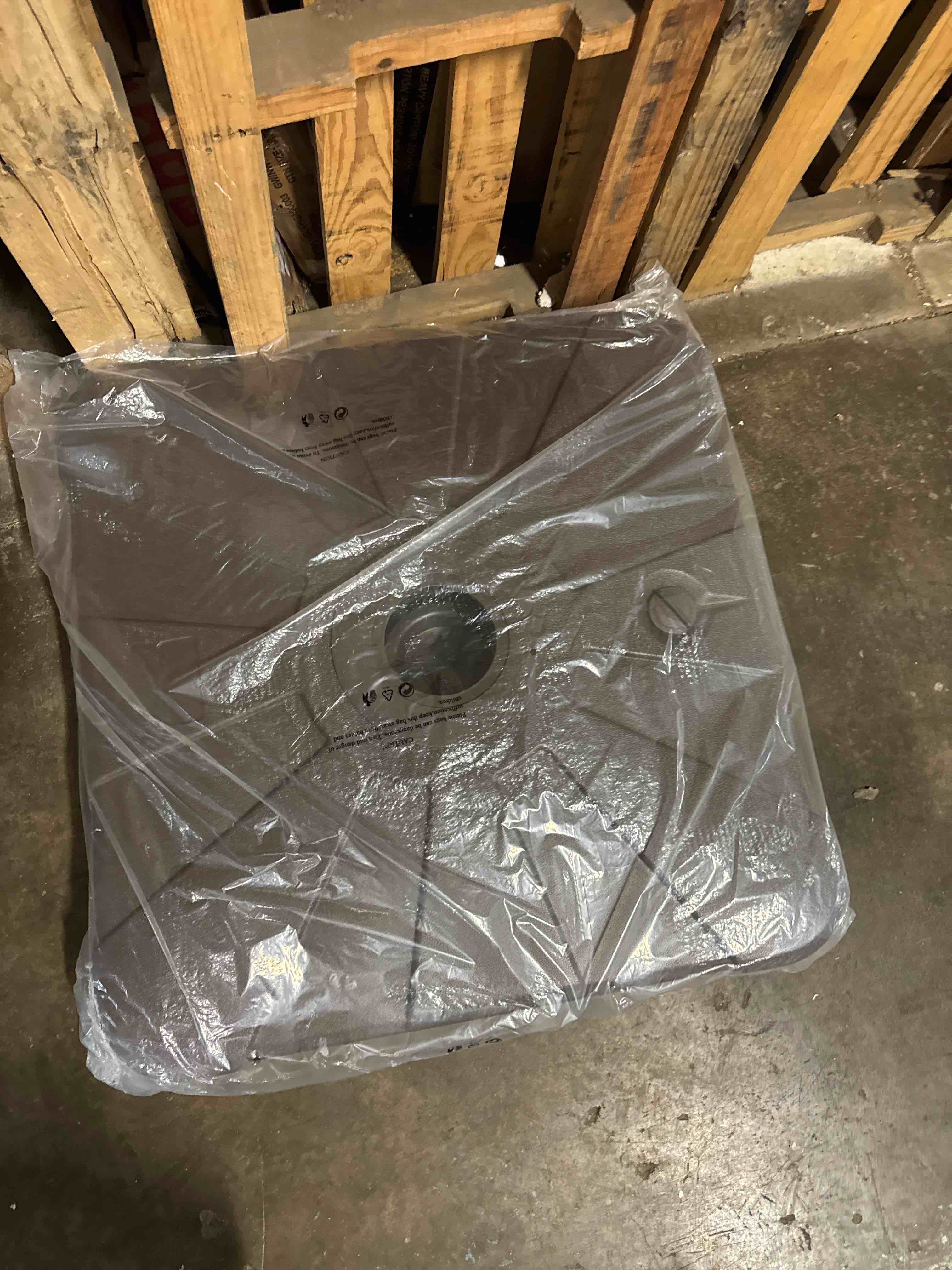 Condition photo showing New/Like New for fillable offset umbrella base, 143 lbs sand/water, hdpe, fits 2.4" poles, for patio, deck, poolside(brown)