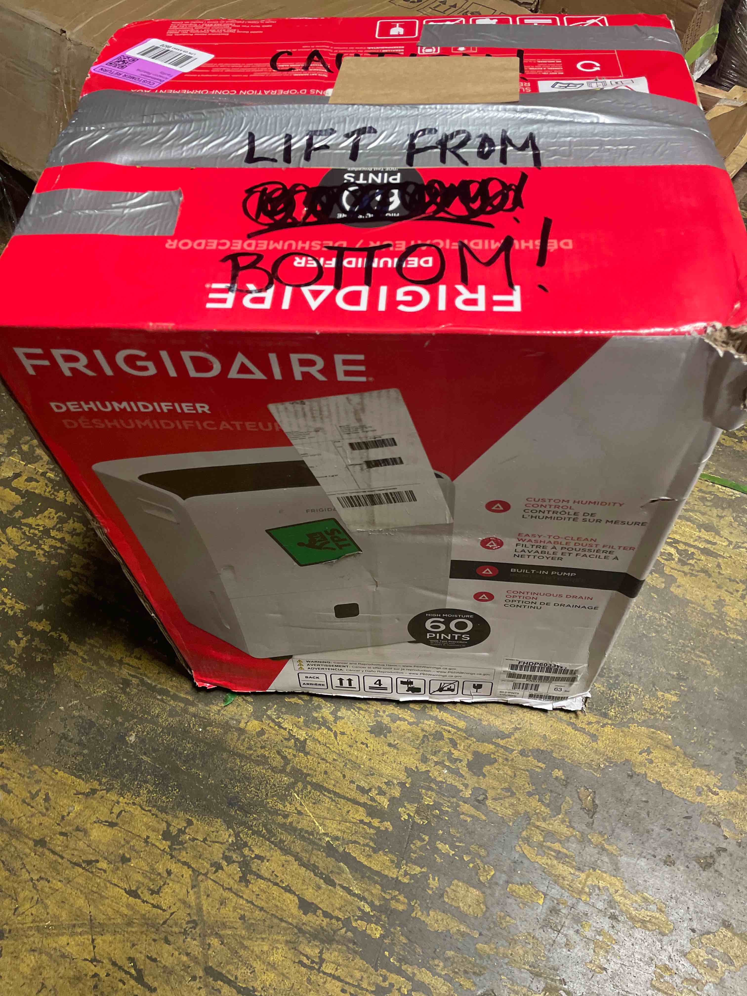 Condition photo showing As Is for frigidaire 60-pint portable dehumidifier with built-in pump for large rooms & basements, custom humidity control, auto shut off, white