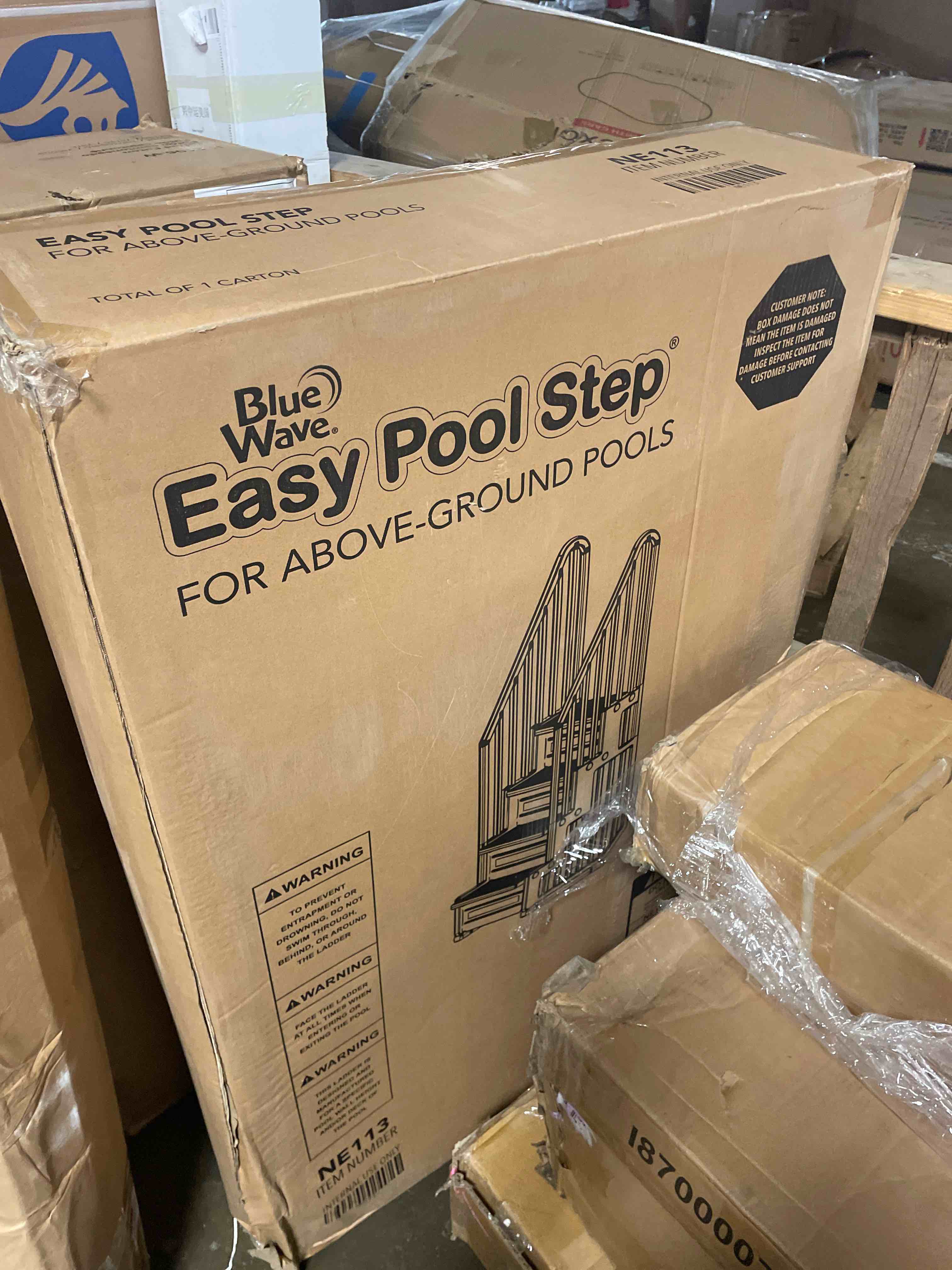 Condition photo showing New/Like New for blue wave easy pool steps – above ground pool ladder anti-slip wide stairs for above ground pools with handles – fits 48- 54 inch pools, 350-lb limit, includes deck mounting brackets – white vinyl