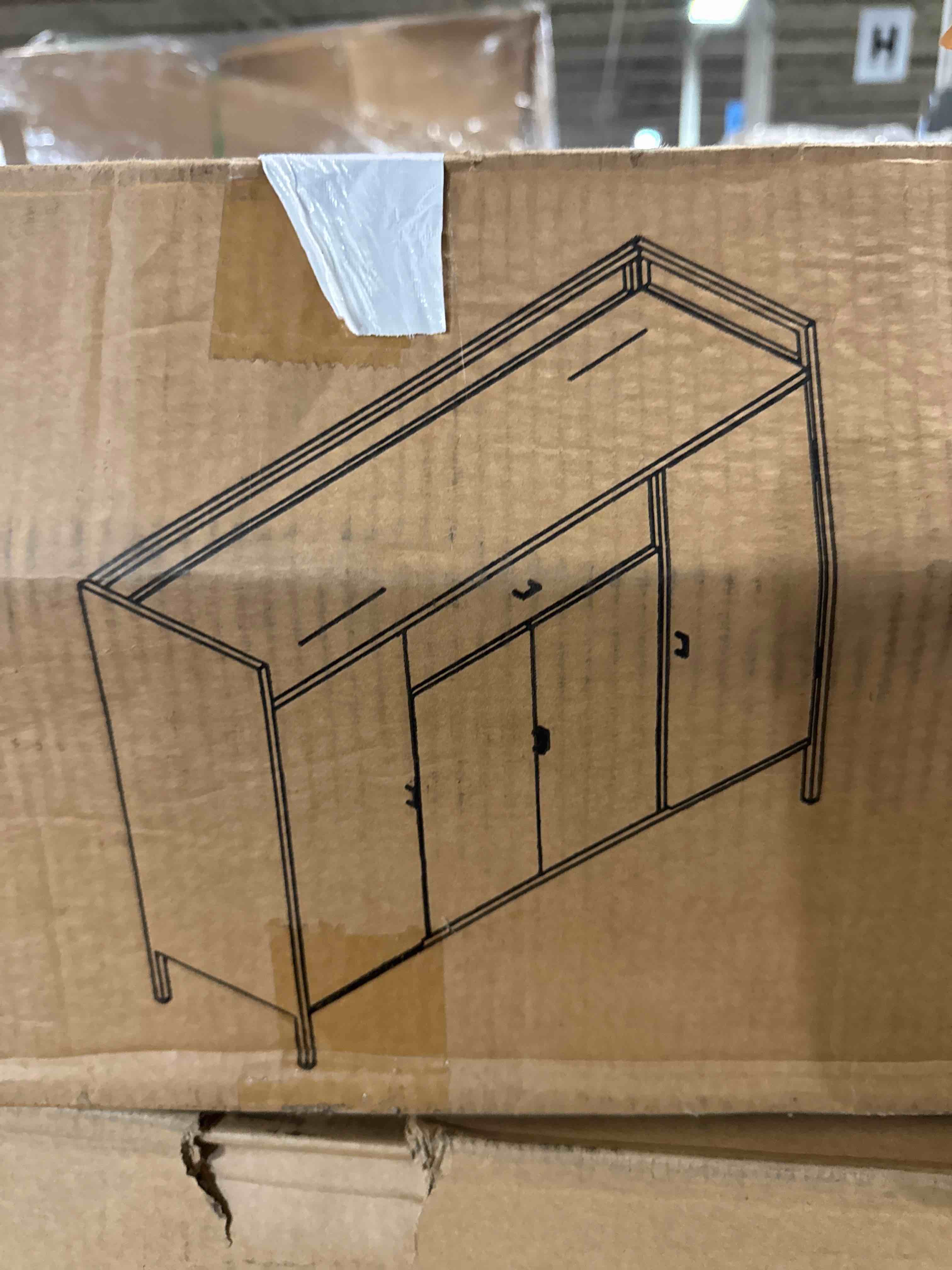 Condition photo showing New/Like New for softsea outdoor wicker storage cabinet with tempered glass desktop, weather-proof rattan bar counter table with three doors, adjustable shelf, and one drawer, black brown(similar )