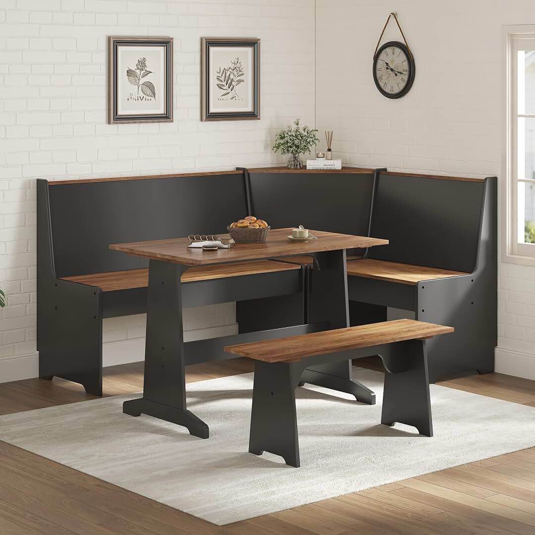 luxoak 3 pieces corner dining table set with hidden storage, l-shaped breakfast nook with moveable bench, space-saving kitchen dining set for small spaces, black & oak - table & chair sets