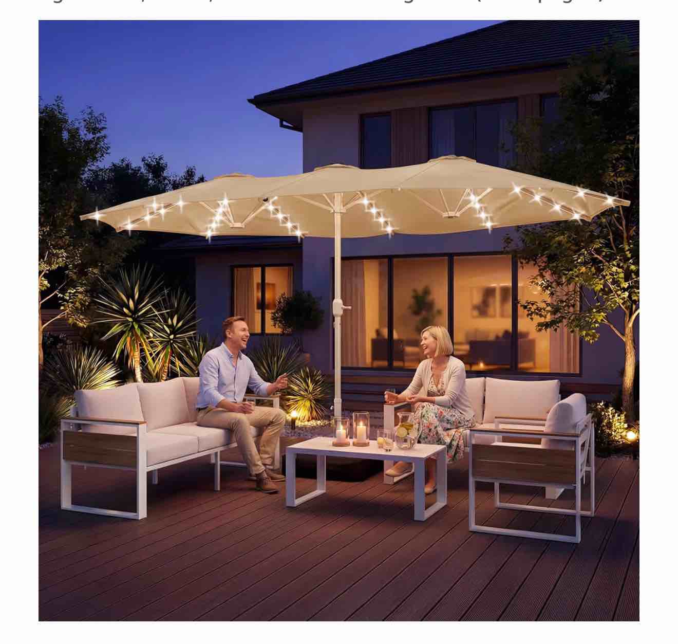 Condition photo showing New/Like New for enstver 15ft large rectangular outdoor patio umbrella with heavy-duty base,triple umbrella outdoor patio with solar lights for large patios, decks, and outdoor dining areas(champagne)