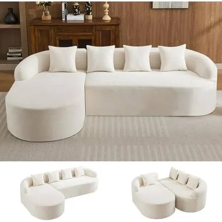 105.5" boneless curved couch, l shaped 4-seater cloud couch with deep seat chaise, oversized curved sofa, chenille modular sectional couches for living room, no assembly, beige (only chaise)