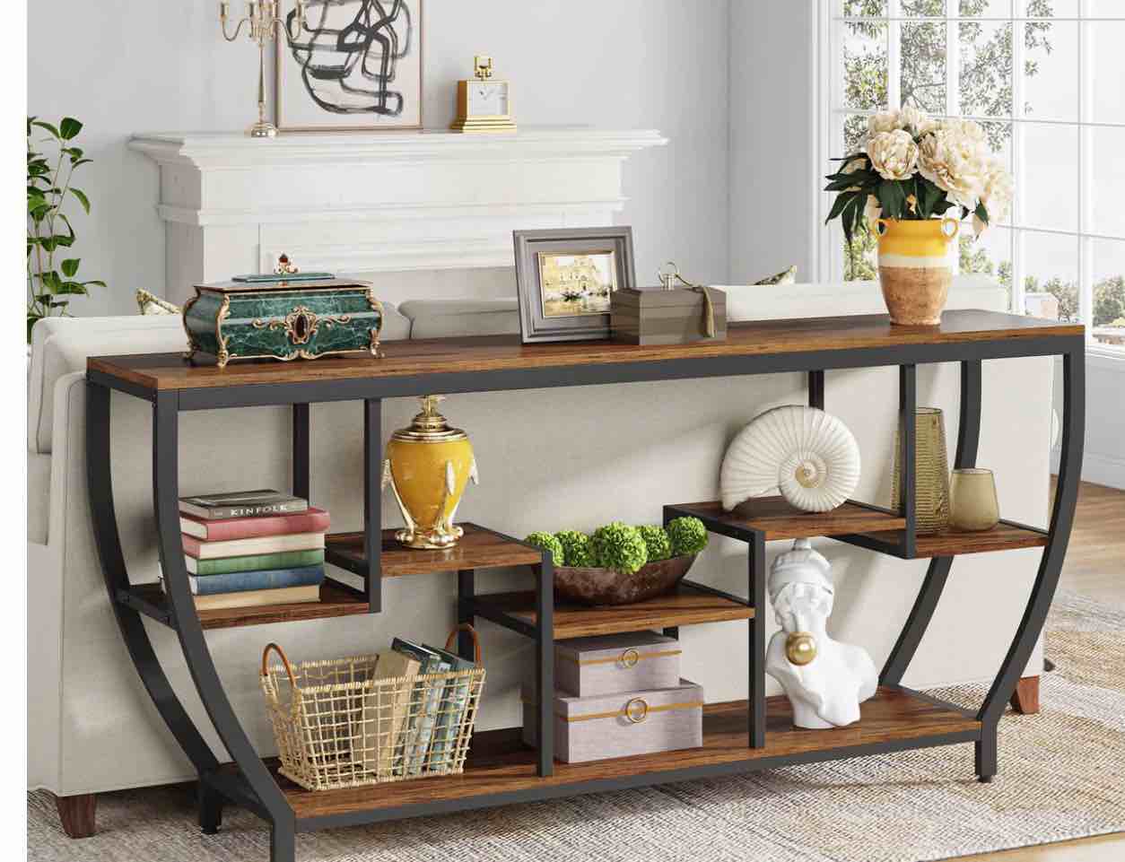 industrial console table, 70.9" entryway sofa table with shelves