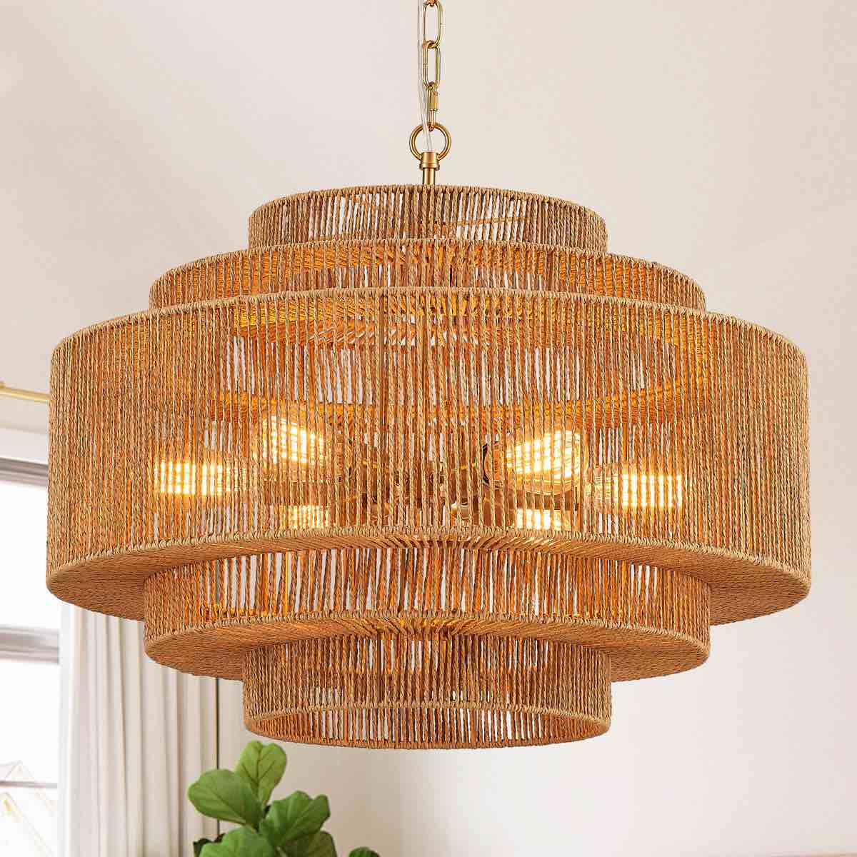 8-light boho hand woven drum rattan chandelier
